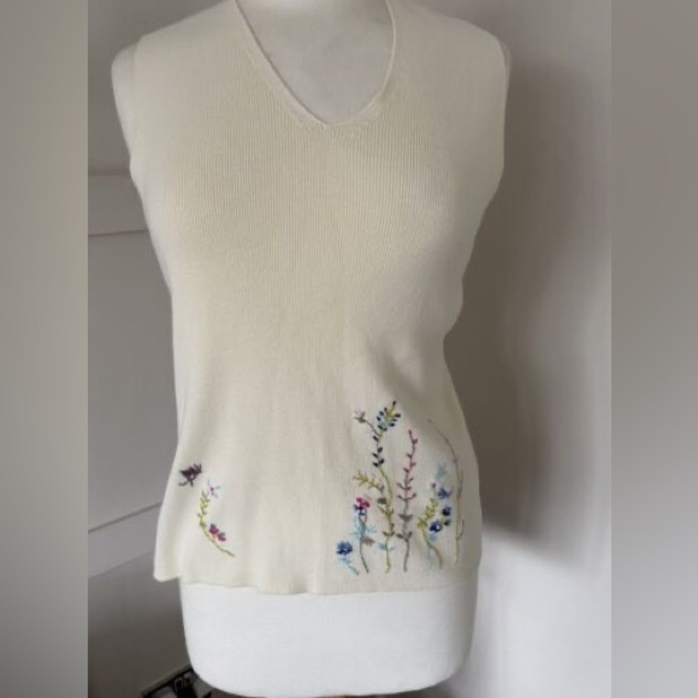 GAP Cream Cotton Knitted Tank Vest Top Sleeveless Embroidered Flowers Women Med